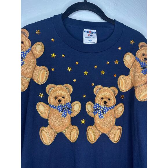 Jerzees Heavyweight T-Shirt Teddy Bear Vintage 90s Short Sleeve Size XL Navy - Picture 2 of 6